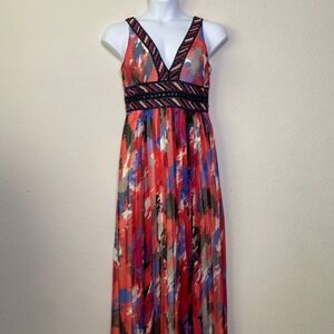 BCBGMAXAZRIA Silk Maxi Dress Size 10 Abstract Print Sequin V-Neck Red Blue Boho